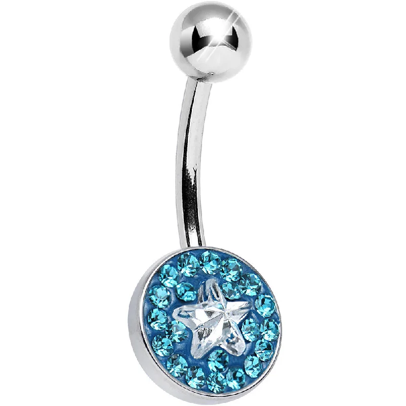 Belly Rings with Beautiful Crystal Accents -Aqua Gem Medallion with Clear Gem Star Core Belly Ring Belly Rings with Beautiful Crystal Accents -Aqua Gem Medallion with Clear Gem Star Core Belly Ring