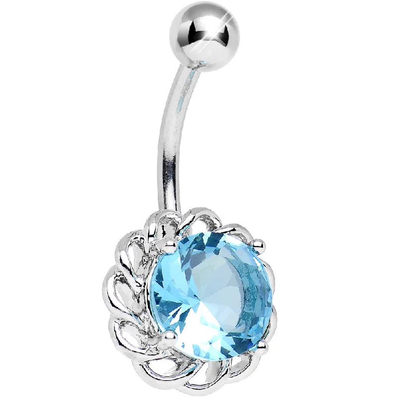 Designer Belly Rings for Personalized Style -Aqua Cubic Zirconia Sparkle Flower Belly Ring