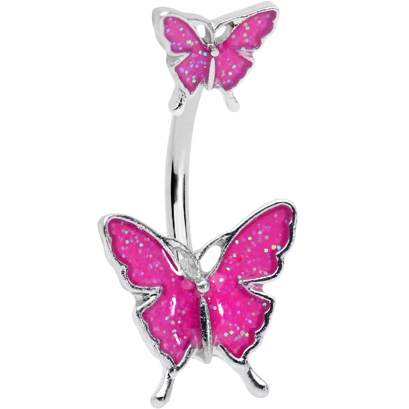 Stunning Belly Rings for Fashionable Women -Pink Double Butterfly Glitter Wings Double Mount Belly Ring Stunning Belly Rings for Fashionable Women -Pink Double Butterfly Glitter Wings Double Mount Belly Ring