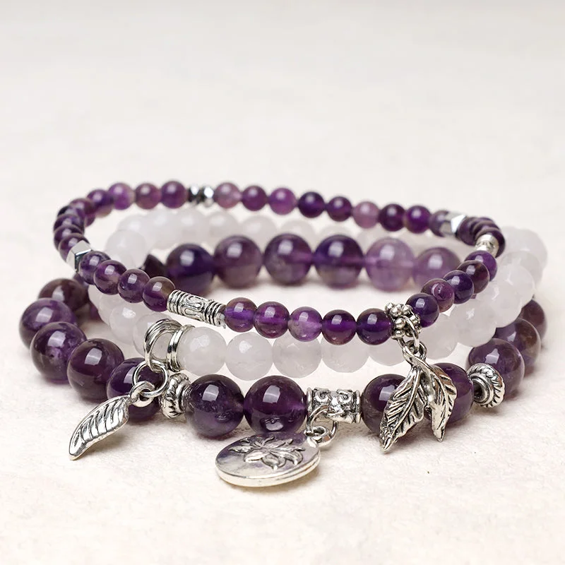 Colorful Enamel Bangles for Women-Buddha Stones 3PCS Natural Quartz Crystal Beaded Healing Energy Lotus Bracelet