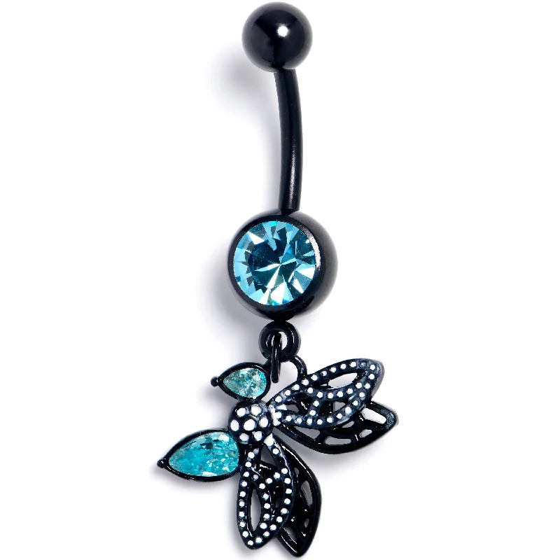 Unique Belly Rings with Creative Details -Blue CZ Gem Black Night Drama Butterfly Dangle Belly Ring Unique Belly Rings with Creative Details -Blue CZ Gem Black Night Drama Butterfly Dangle Belly Ring