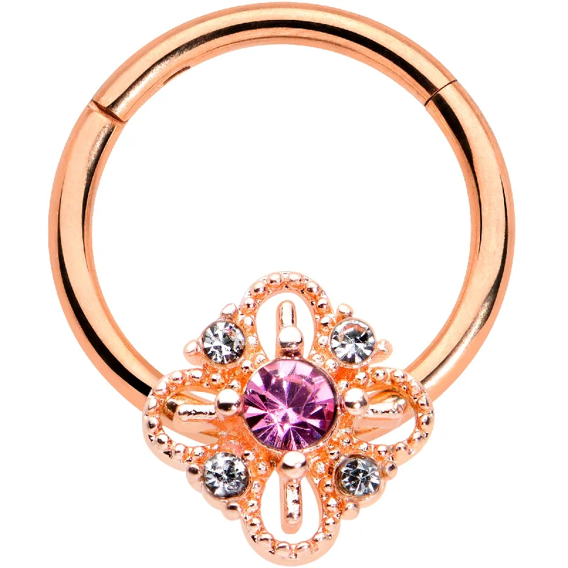 Trendy Nose Rings with Personalized Details -16 Gauge Clear Purple Gem Rose Gold Tone Rhombus Hinged Segment Ring Trendy Nose Rings with Personalized Details -16 Gauge Clear Purple Gem Rose Gold Tone Rhombus Hinged Segment Ring