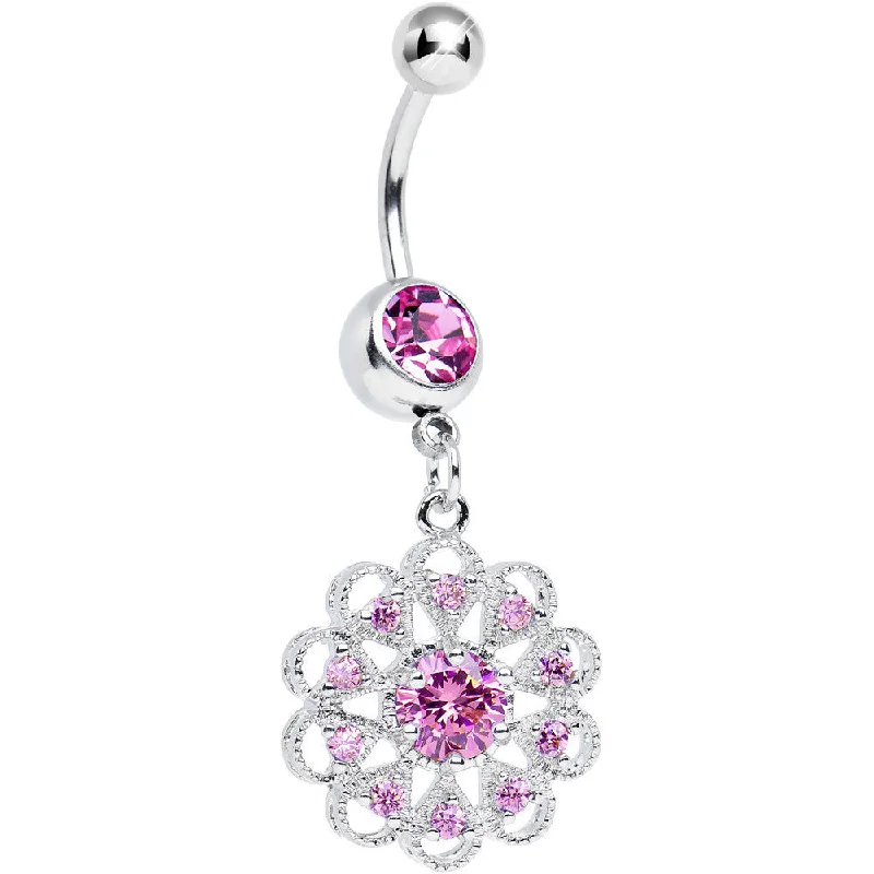 Simple Belly Rings with Elegant Accents -Pink CZ Round Crystal Flower Dangle Belly Ring Simple Belly Rings with Elegant Accents -Pink CZ Round Crystal Flower Dangle Belly Ring