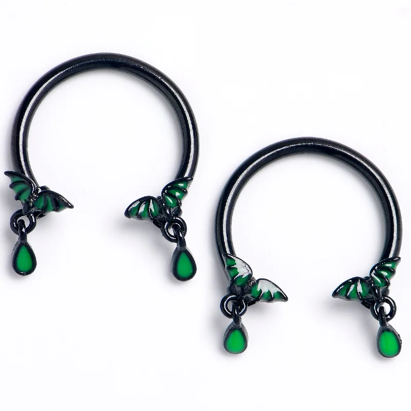 Women's Earrings – Elegant Designs for Every Personality--16 Gauge 3/8 Black Bat Wings Dangle Horseshoe Circular Barbell Set of2