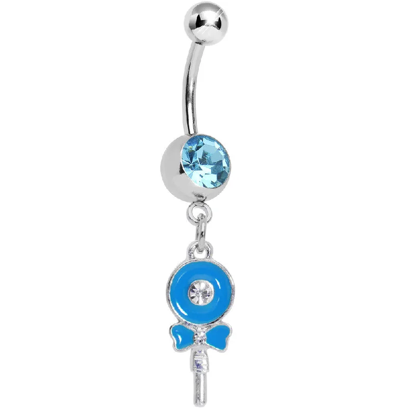 Comfortable Belly Rings with Stylish Features -Aqua Gem Sweetly Wrapped Blue Lollipop Dangle Belly Ring Comfortable Belly Rings with Stylish Features -Aqua Gem Sweetly Wrapped Blue Lollipop Dangle Belly Ring