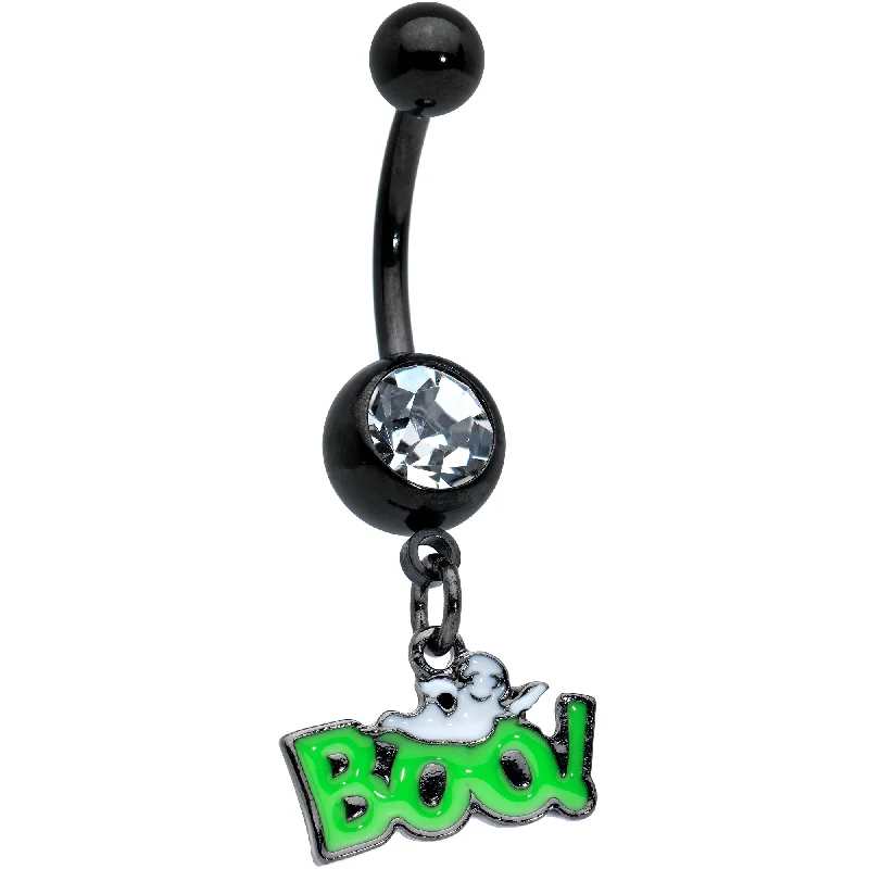 Unique Belly Rings for Bold Look -Clear Gem Black Green No2 Boo Ghost Halloween Dangle Belly Ring Unique Belly Rings for Bold Look -Clear Gem Black Green No2 Boo Ghost Halloween Dangle Belly Ring