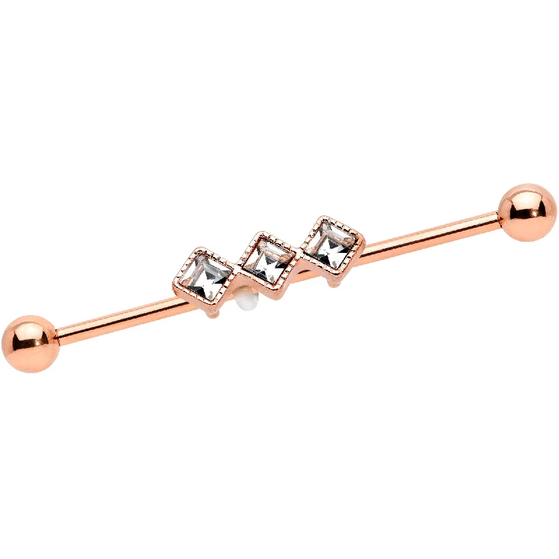 Women's Earrings – Elegant Designs for Every Personality--14 Gauge Clear Gem Rose Gold Hue Triple Rhombus Industrial Barbell 38mm