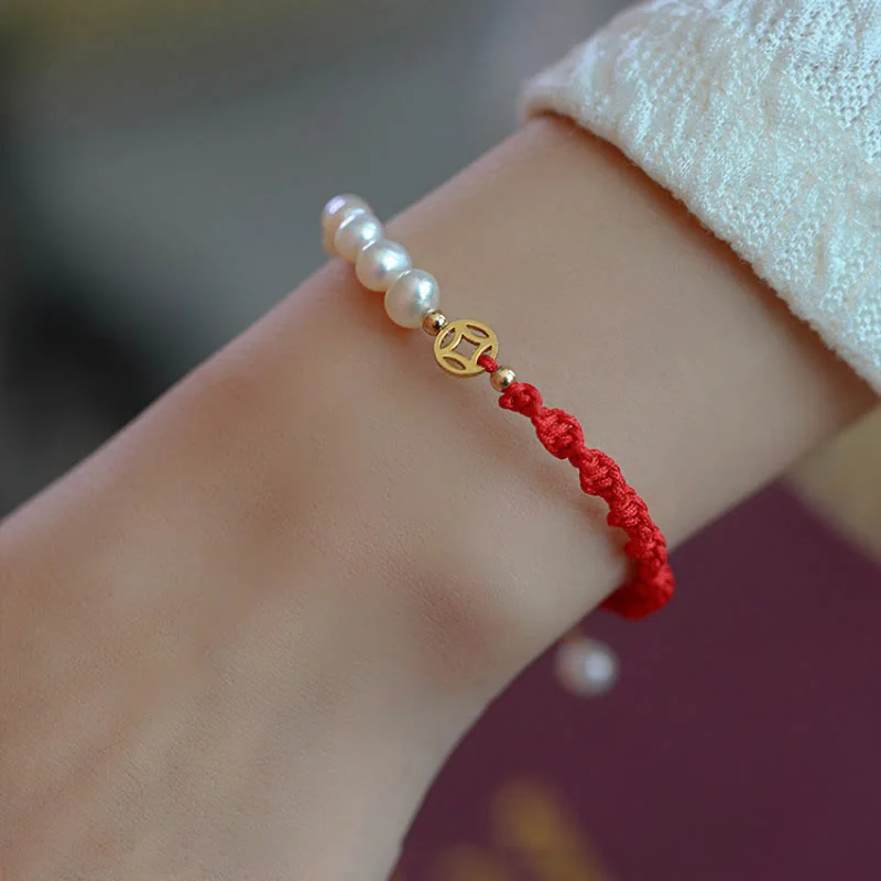 Bridal Set of Bangles for Women-Buddha Stones 14K Gold Plated Pearl Bead Luck Protection Braid Red String Bracelet