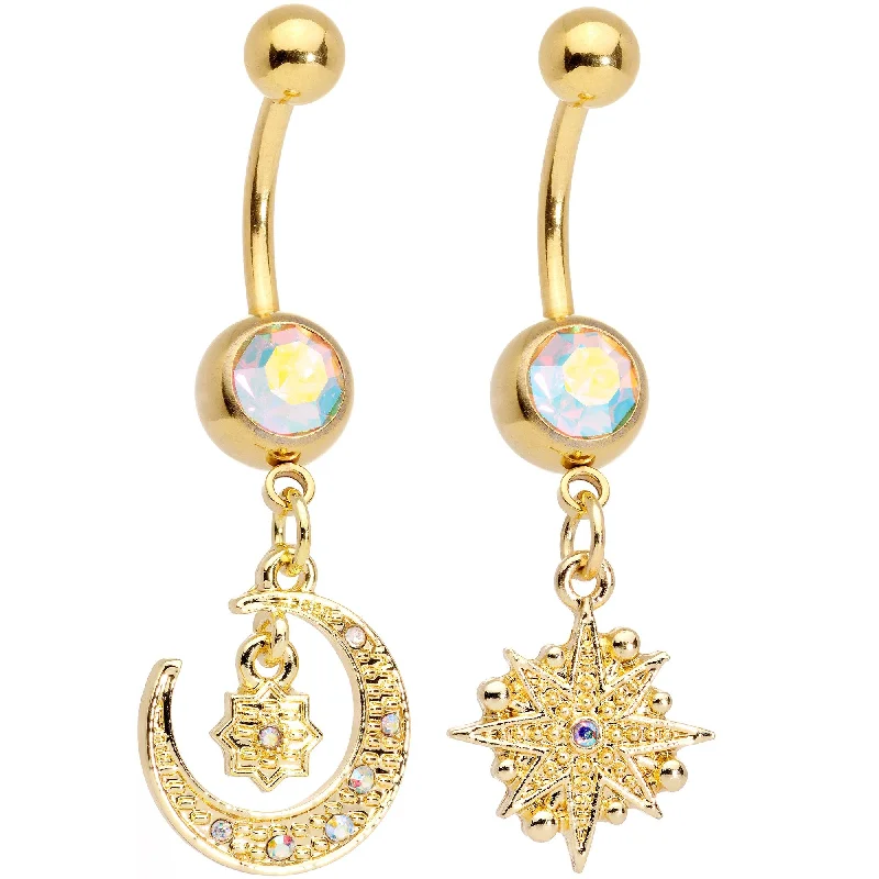 Stunning Belly Rings with Sparkling Stones -Aurora Gem Gold Tone Celestial Star Moon Dangle Belly Ring Set Stunning Belly Rings with Sparkling Stones -Aurora Gem Gold Tone Celestial Star Moon Dangle Belly Ring Set
