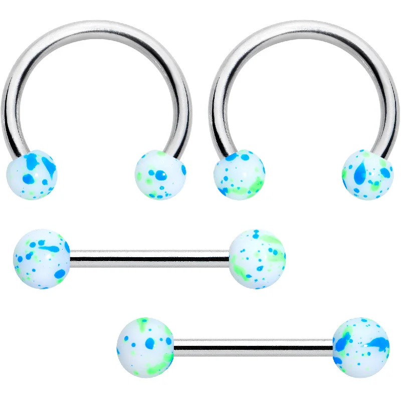 Women's Earrings – Elegant Designs for Every Personality--14 Gauge 9/16 1/2 Splatter Blue Green Barbell Horseshoe Nipple Ring Set of 4 Women's Earrings – Elegant Designs for Every Personality--14 Gauge 9/16 1/2 Splatter Blue Green Barbell Horseshoe Nipple Ring Set of 4