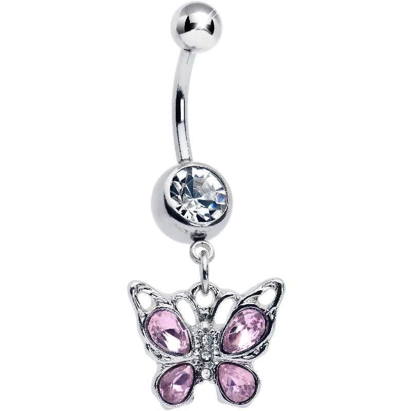 Comfortable Belly Rings for Everyday Wear -Pink Gem Butterfly Beauty Bling Dangle Belly Ring Comfortable Belly Rings for Everyday Wear -Pink Gem Butterfly Beauty Bling Dangle Belly Ring