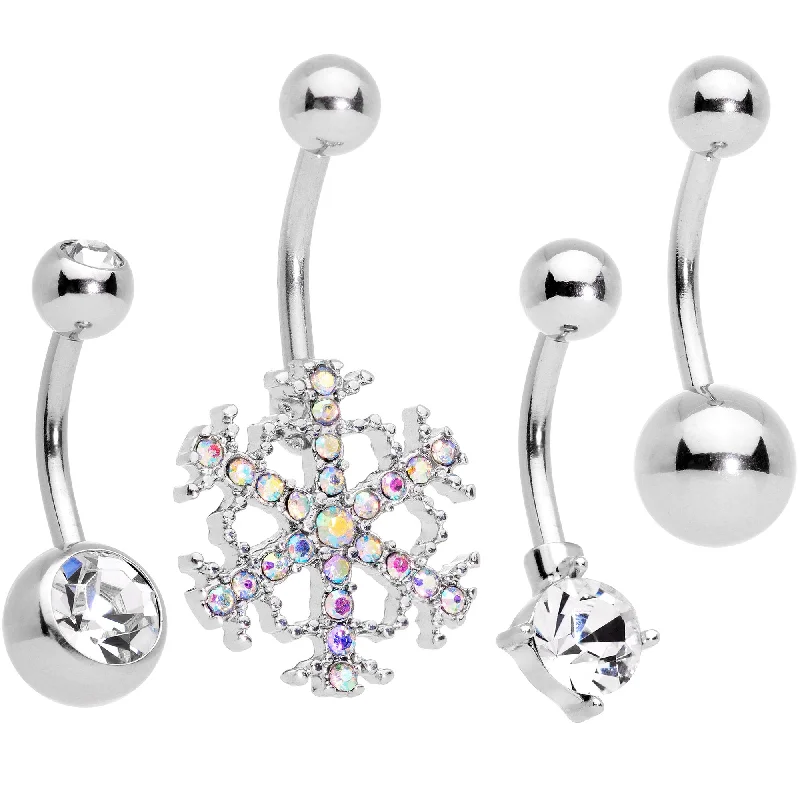 Beautiful Belly Rings with Dazzling Stones -Clear Gem Holiday Season Winter Snowflake Belly Ring Set of 4 Beautiful Belly Rings with Dazzling Stones -Clear Gem Holiday Season Winter Snowflake Belly Ring Set of 4