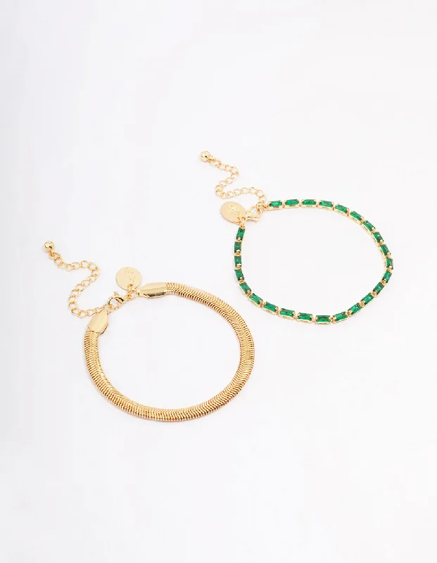 Modern Bangles with Contemporary Designs for Women-Gold Plated Baguette & Snake Chain Bracelet Pack