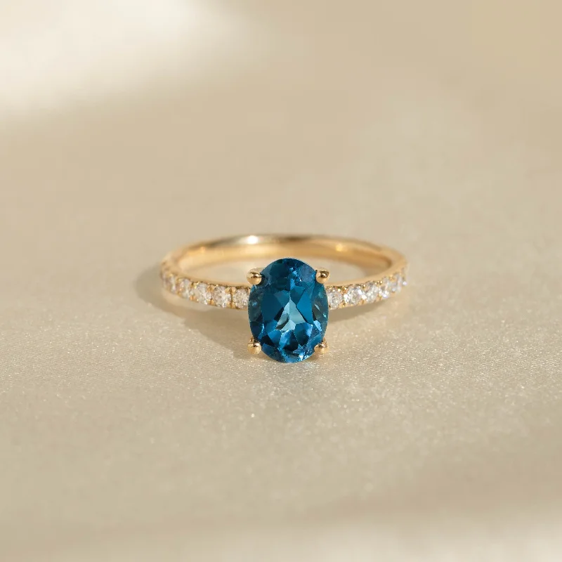 Chic Women's Rings for Fashion-Forward Looks-Oval London Blue Topaz and Diamond Ring 14k Gold - Minette Chic Women's Rings for Fashion-Forward Looks-Oval London Blue Topaz and Diamond Ring 14k Gold - Minette