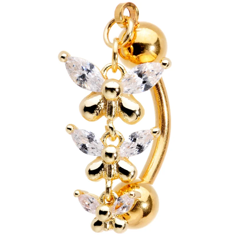 Stylish Belly Rings for Bold Fashion Choices -Clear Gem Gold Tone Band of Butterflies Top Mount Dangle Belly Ring Stylish Belly Rings for Bold Fashion Choices -Clear Gem Gold Tone Band of Butterflies Top Mount Dangle Belly Ring