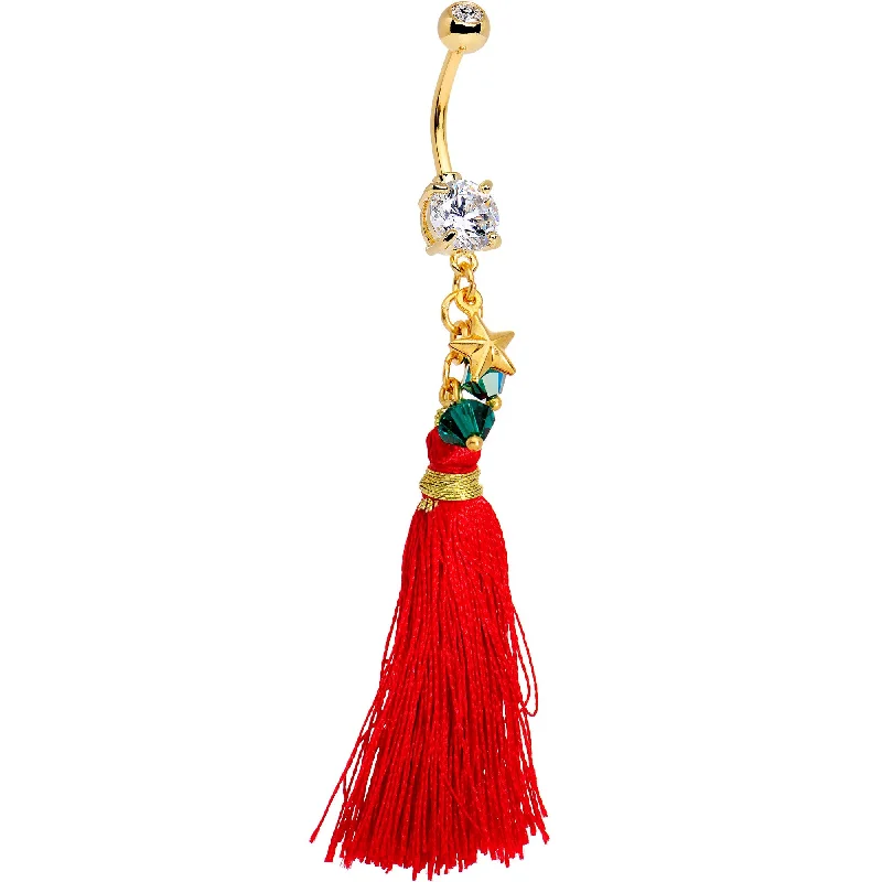 Elegant Belly Rings with Unique Details -Red Holiday Tassel Dangle Belly Ring Created with Crystals