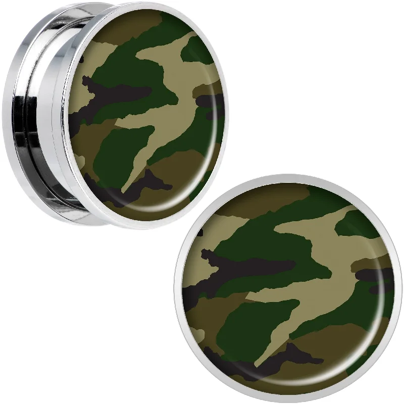 Women's Earrings – Elegant Designs for Every Personality--Woodland Camo Print Steel Screw Fit Plug Set 20mm Women's Earrings – Elegant Designs for Every Personality--Woodland Camo Print Steel Screw Fit Plug Set 20mm