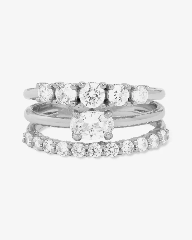 Chic Women's Rings for Fashion-Forward Looks-She's So Stacked Ring - Silver|White Diamondettes Chic Women's Rings for Fashion-Forward Looks-She's So Stacked Ring - Silver|White Diamondettes