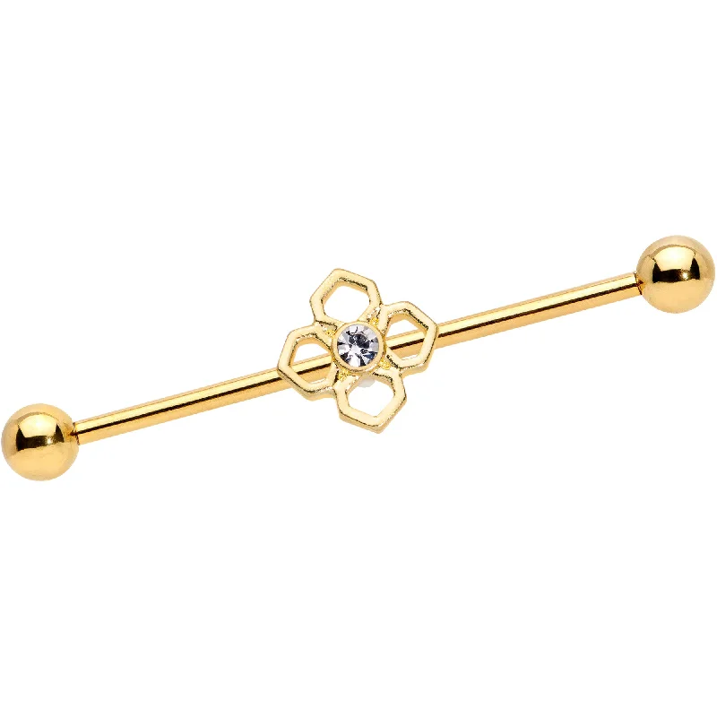 Women's Earrings – Elegant Designs for Every Personality--14 Gauge Clear Gem Gold Tone Open Cross Industrial Barbell 38mm