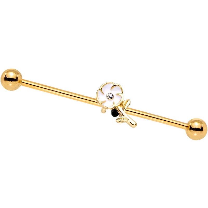 Women's Earrings – Elegant Designs for Every Personality--Clear Gem Gold Tone Anodized White Flower Industrial Barbell 38mm Women's Earrings – Elegant Designs for Every Personality--Clear Gem Gold Tone Anodized White Flower Industrial Barbell 38mm