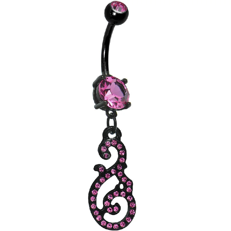 Belly Rings with Classic Design for Timeless Appeal -Pink Gem Black Paved Damask Floral Swirl Belly Ring Belly Rings with Classic Design for Timeless Appeal -Pink Gem Black Paved Damask Floral Swirl Belly Ring
