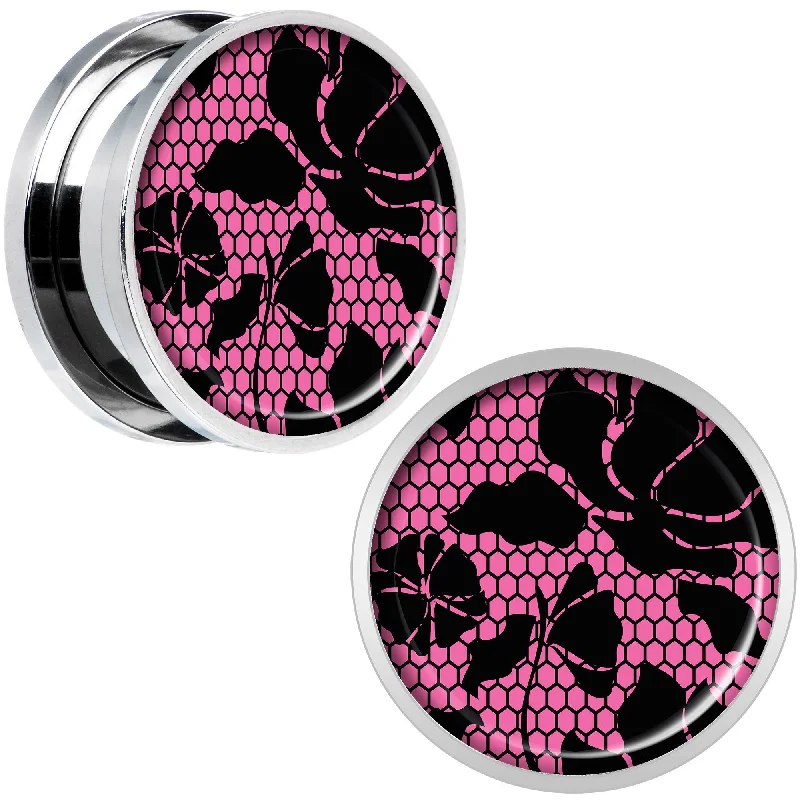 Women's Earrings – Elegant Designs for Every Personality--Pink Floral Lace Steel Screw Fit Plug Set 18mm Women's Earrings – Elegant Designs for Every Personality--Pink Floral Lace Steel Screw Fit Plug Set 18mm