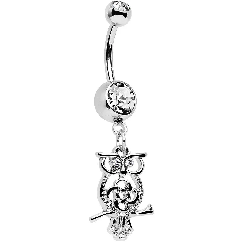 Comfortable Belly Rings for Exclusive Fashion -Clear Gem Celtic Knot Perched Owl Dangle Belly Ring Comfortable Belly Rings for Exclusive Fashion -Clear Gem Celtic Knot Perched Owl Dangle Belly Ring