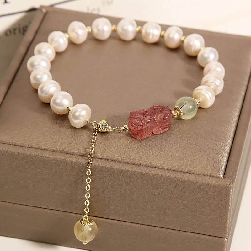 Bridesmaid Bangles for Women-Buddha Stones Natural Pearl Strawberry Quartz PiXiu Optimism Charm Bracelet Bridesmaid Bangles for Women-Buddha Stones Natural Pearl Strawberry Quartz PiXiu Optimism Charm Bracelet