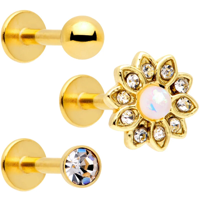 Lip Rings for Trendy Look16 Gauge 5/16 White Faux Opal Gold Tone Flower Labret Curation Set of 3