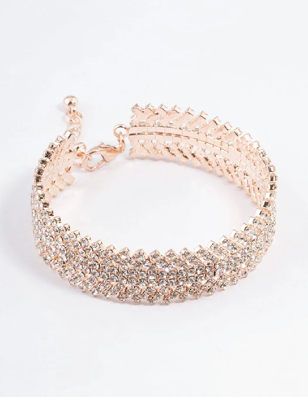 Adjustable Gemstone Bangles for Women-Rose Gold Spiky Four Row Diamante Bangle Cuff