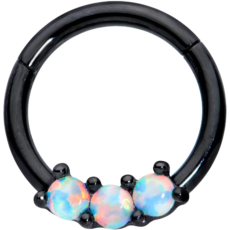 Silver Nose Rings -16 Gauge 5/16 White Synthetic Opal Black Trio Hinged Segment Ring Silver Nose Rings -16 Gauge 5/16 White Synthetic Opal Black Trio Hinged Segment Ring