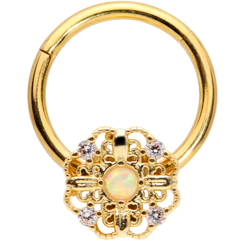 Unique Nose Rings for Women -16 Gauge 3/8 White Synthetic Opal Gold Tone Flower Hinged Segment Ring Unique Nose Rings for Women -16 Gauge 3/8 White Synthetic Opal Gold Tone Flower Hinged Segment Ring