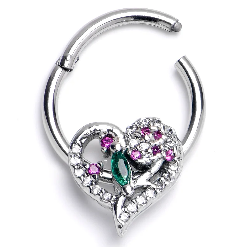 Nose Rings with Stars -16 Gauge 3/8 Emerald Passion CZ Gem Heart Hinged Segment Ring Nose Rings with Stars -16 Gauge 3/8 Emerald Passion CZ Gem Heart Hinged Segment Ring
