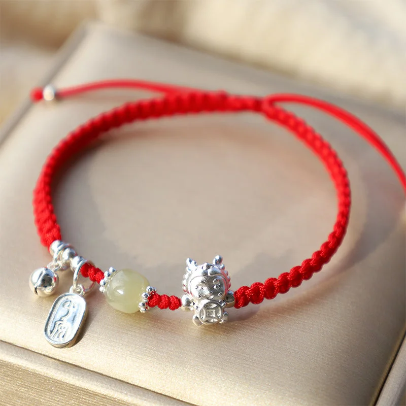 Men's Fashionable Bracelets with Adjustable Fits-Buddha Stones Handmade Year Of The Dragon 999 Sterling Silver Hetian Jade Copper Coin Peace And Joy Protection Bracelet Men's Fashionable Bracelets with Adjustable Fits-Buddha Stones Handmade Year Of The Dragon 999 Sterling Silver Hetian Jade Copper Coin Peace And Joy Protection Bracelet