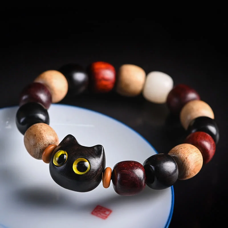 Women's Braided Bangles-Buddha Stones Small Leaf Red Sandalwood Ebony Wood Cute Cat Engraved Protection Bracelet Women's Braided Bangles-Buddha Stones Small Leaf Red Sandalwood Ebony Wood Cute Cat Engraved Protection Bracelet
