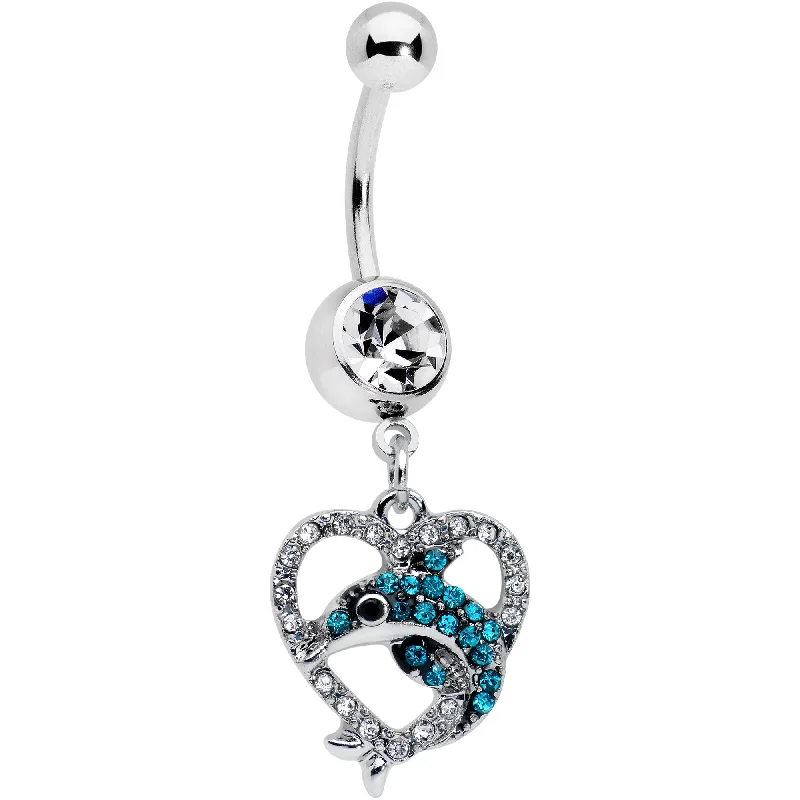 Beautiful Belly Rings with Vibrant Gems -Clear Blue Gem Dolphin Heart Dangle Belly Ring Beautiful Belly Rings with Vibrant Gems -Clear Blue Gem Dolphin Heart Dangle Belly Ring