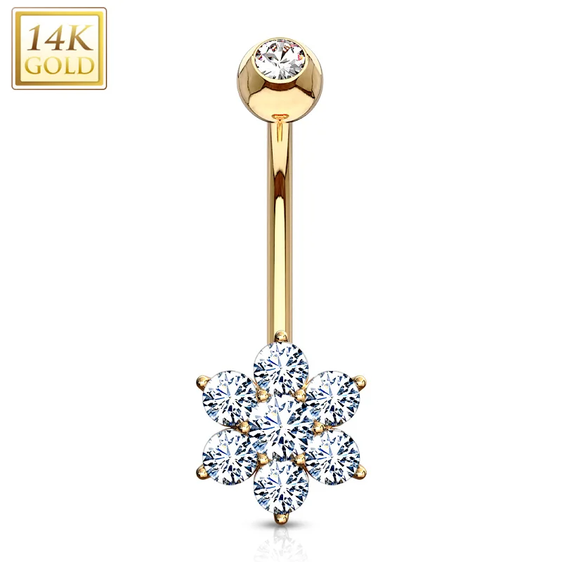 Trendy Belly Rings for Bold Fashionistas -14kt Solid Yellow Gold Fancy Cubic Zirconia Flower Belly Ring Trendy Belly Rings for Bold Fashionistas -14kt Solid Yellow Gold Fancy Cubic Zirconia Flower Belly Ring