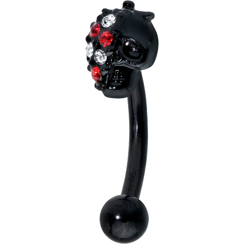 Women's Earrings – Elegant Designs for Every Personality--16 Gauge 5/16 Red Clear Gem Black Skull Halloween Curved Eyebrow Ring