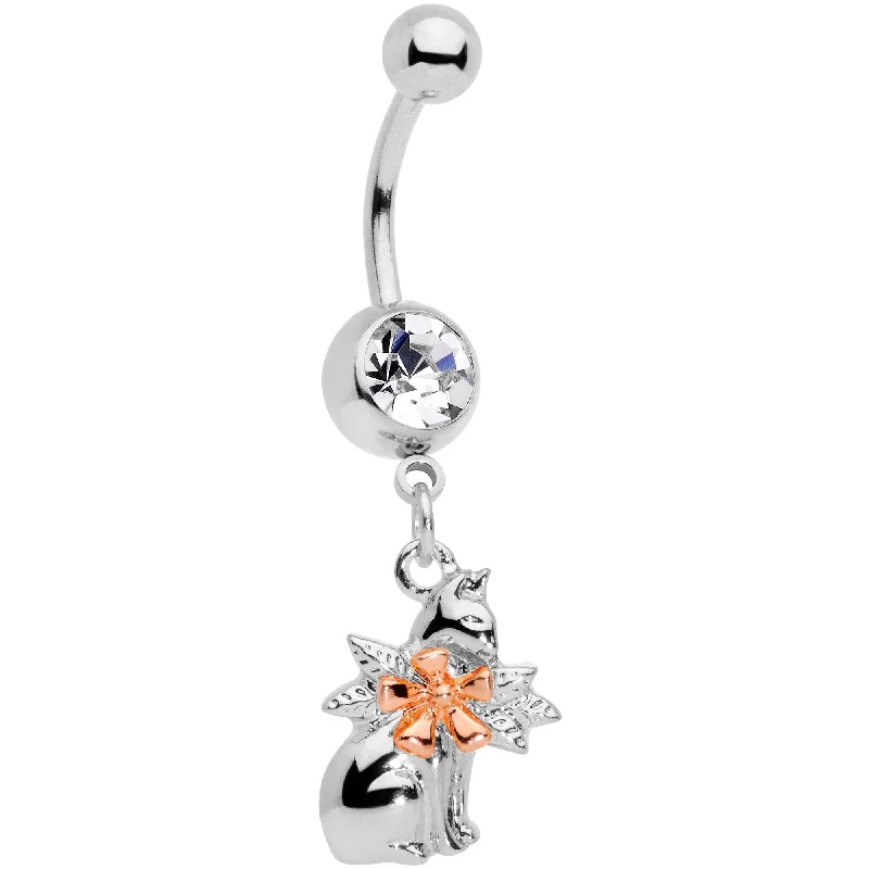 Comfortable Belly Rings with Polished Finish -Clear Gem Kitty Cat With a Corsage Dangle Belly Ring Comfortable Belly Rings with Polished Finish -Clear Gem Kitty Cat With a Corsage Dangle Belly Ring