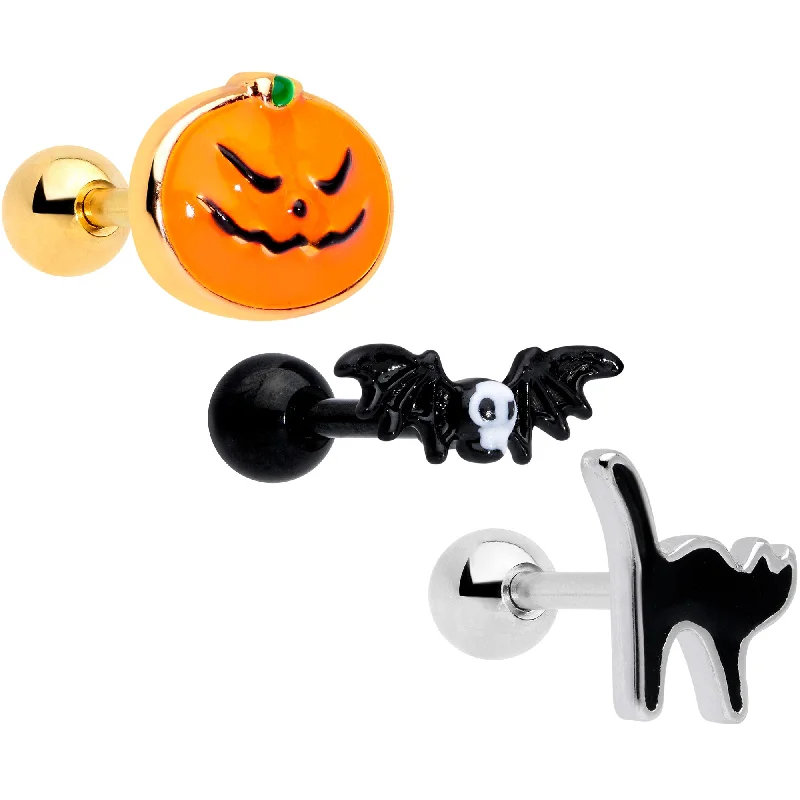 Women's Earrings – Elegant Designs for Every Personality--16 Gauge 1/4 Gold Tone Black Cat Halloween Cartilage Tragus Set of 3