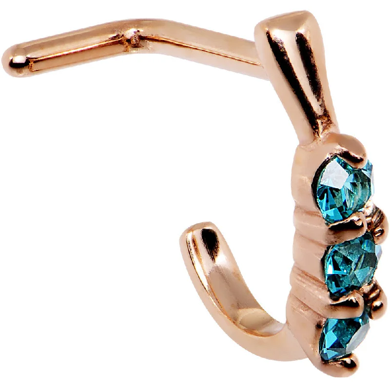 Designer Nose Rings with Precious Stones -18 Gauge Aqua Gem Rose Gold PVD Faux Hoop L Shaped Nose Ring Designer Nose Rings with Precious Stones -18 Gauge Aqua Gem Rose Gold PVD Faux Hoop L Shaped Nose Ring