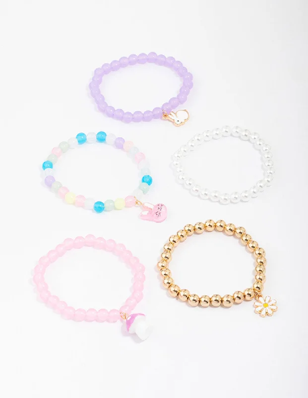 Women's Adjustable Bangles with Stones-Kids Easter Bunny Flower Stretch Beaded Bracelet 5-Pack