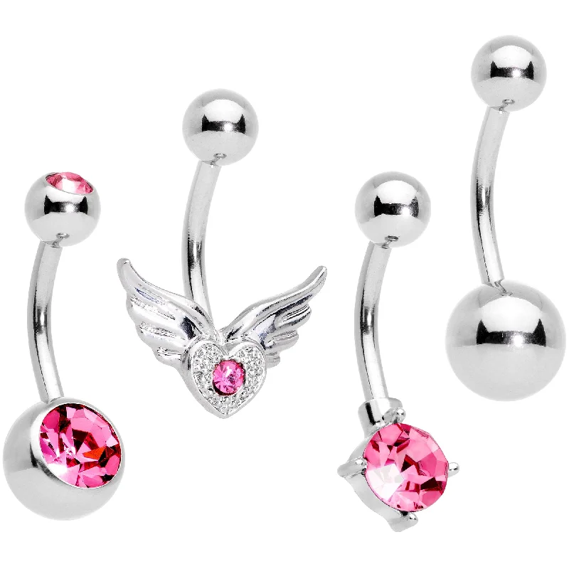 Beautiful Belly Rings with Timeless Beauty -Pink Gem Valentines Day Winged Heart Belly Ring Set of 4 Beautiful Belly Rings with Timeless Beauty -Pink Gem Valentines Day Winged Heart Belly Ring Set of 4