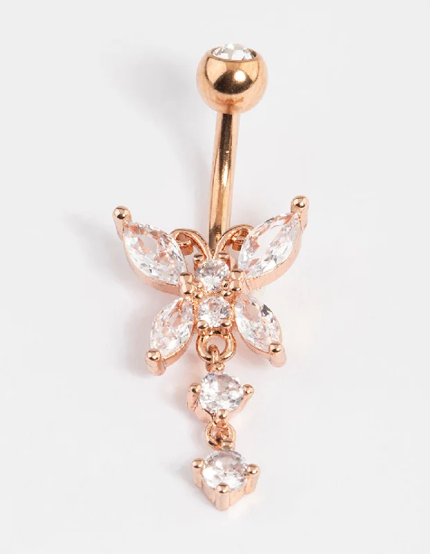 Comfortable Belly Rings with Custom Finish -Rose Gold Plated Surgical Steel Butterfly Crystal Belly Ring Comfortable Belly Rings with Custom Finish -Rose Gold Plated Surgical Steel Butterfly Crystal Belly Ring
