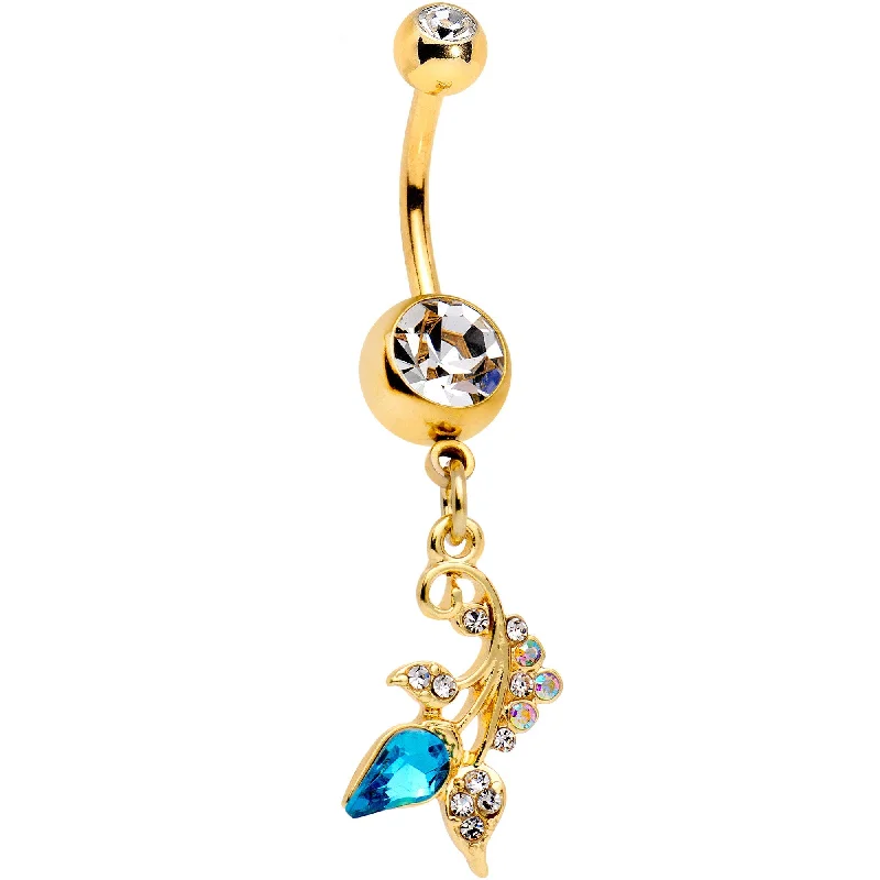 Comfortable Belly Rings with Polished Finish -Clear Aqua Gem Gold Tone Abstract Beauty Dangle Belly Ring Comfortable Belly Rings with Polished Finish -Clear Aqua Gem Gold Tone Abstract Beauty Dangle Belly Ring