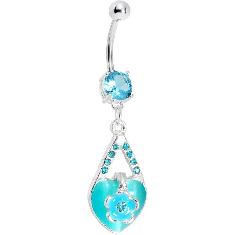 Unique Belly Rings with Artistic Shine -Aqua Gem Heart Flower Belly Ring