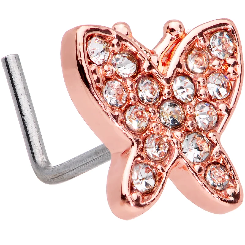 Nose Rings for Expressive Looks -20 Gauge 7mm Clear CZ Gem Rose Gold Tone Spring Butterfly L Shape Nose Ring Nose Rings for Expressive Looks -20 Gauge 7mm Clear CZ Gem Rose Gold Tone Spring Butterfly L Shape Nose Ring