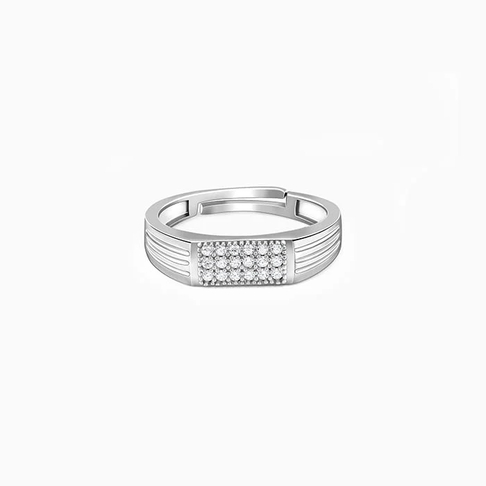 Shop Durable Men's Earrings for Everyday Wear-Silver Zircon Rectangle Ring For Him