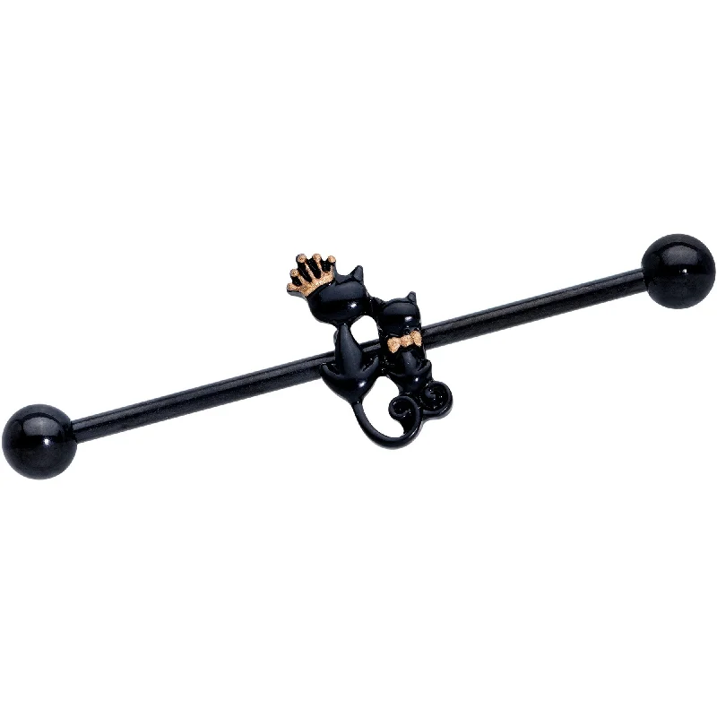 Women's Earrings – Elegant Designs for Every Personality--14 Gauge Black PVD King and Queen Kitty Cat Industrial Barbell 38mm