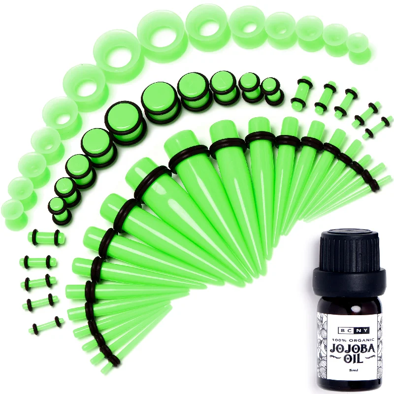 Women's Earrings – Elegant Designs for Every Personality--14 Gauge to 1/2 Green Acrylic 54 Piece Ear Stretching Kit with Jojoba Oil